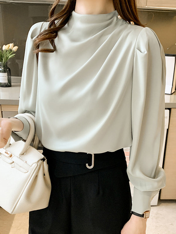 Pleated Split-Joint Loose Puff Sleeves High Neck Blouses&shirts Tops