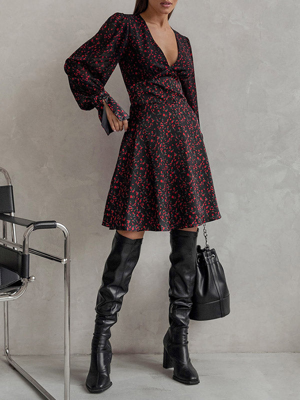 Flower Print Zipper A-Line Flared Sleeves Deep V-Neck Mini Dresses