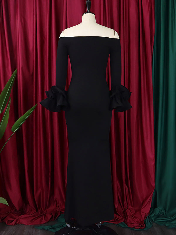 Falbala Solid Color Split-side Bodycon Flared Sleeves Off-the-shoulder Maxi Dresses