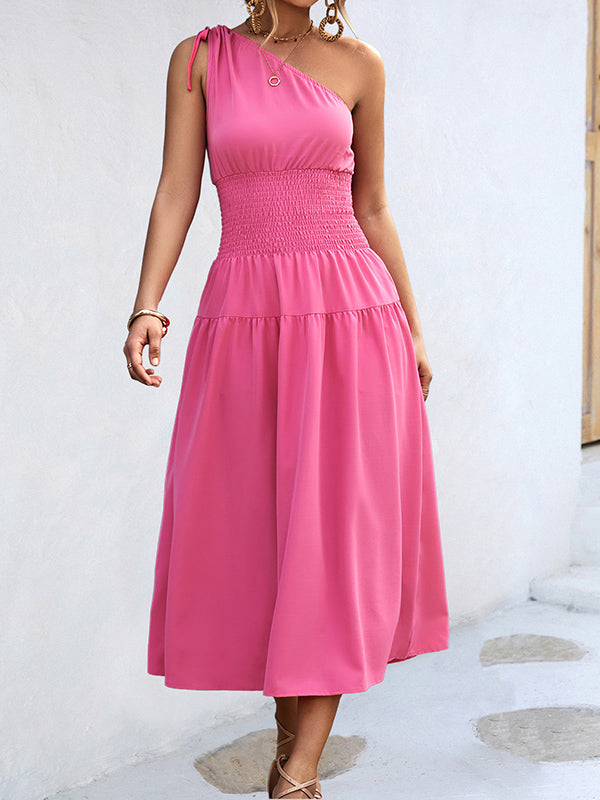 Solid Color Sleeveless One-shoulder Midi Dresses