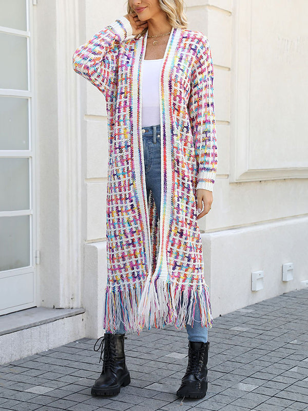Plaid Tasseled Long Sleeves Loose Collarless Cardigan Tops
