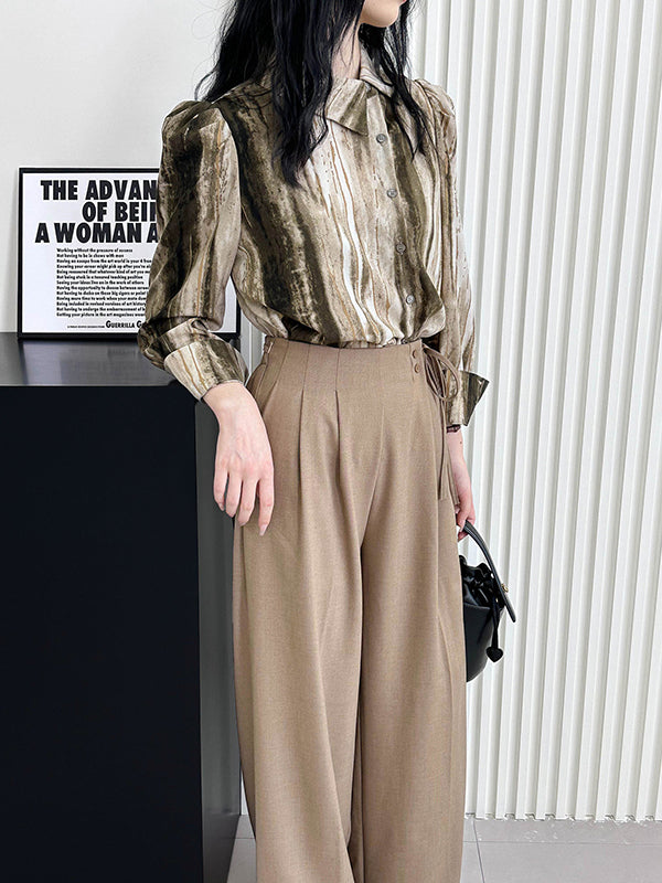 Asymmetric Gradient Pleated Printed Loose Puff Sleeves Lapel Blouses