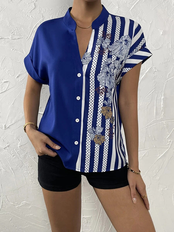 Buttoned Contrast Color Flower Print Striped Loose Short Sleeves V-Neck Blouses&Shirts Tops
