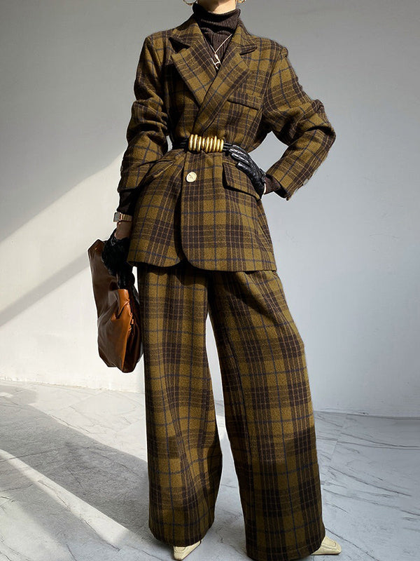 Plaid Split-Joint Lapel Woolen Coat Jackets