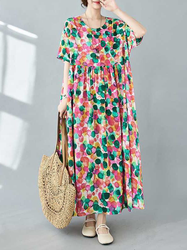 Pleated Polka-Dot Printed Split-Joint Half Sleeves Loose Round-Neck Midi Dresses