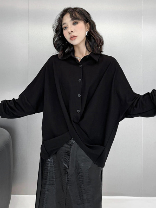 Buttoned Solid Color Twist Hipster Irregularity Lapel Collar Blouses&Shirts Tops