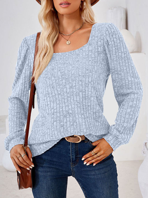 Solid Color Long Sleeves Loose Square-Neck T-Shirts Tops