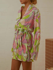 Buttoned Pleated Printed Tied Waist Long Sleeves Loose Lapel Mini Dresses