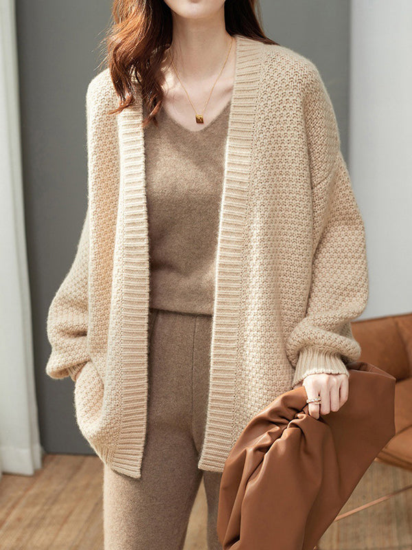 Solid Color Long Sleeves Loose Collarless Cardigan Tops