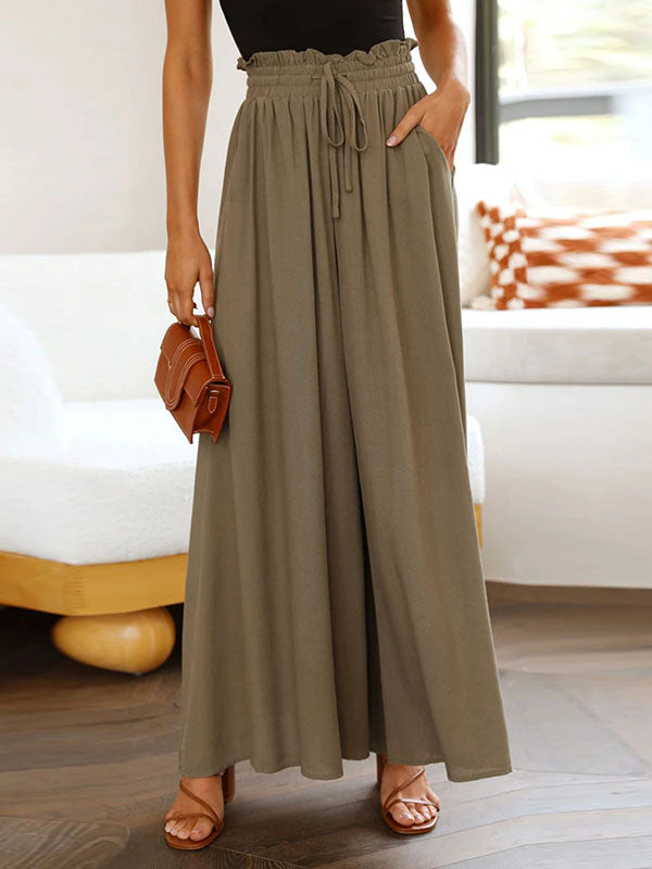 Drawstring Elasticity Pockets Solid Color High Waisted Loose Trousers Pants