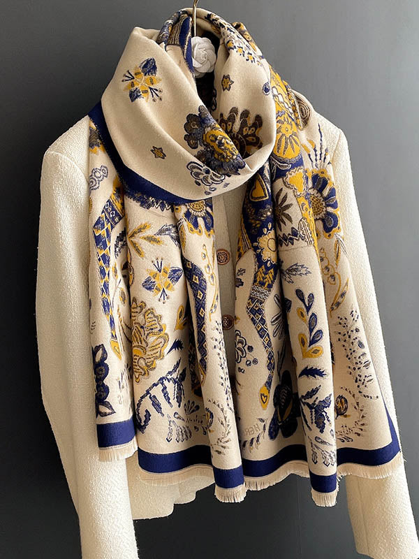 Vintage Knitting Tasseled Jacquard Imitated Cashmere Scarf Shawl