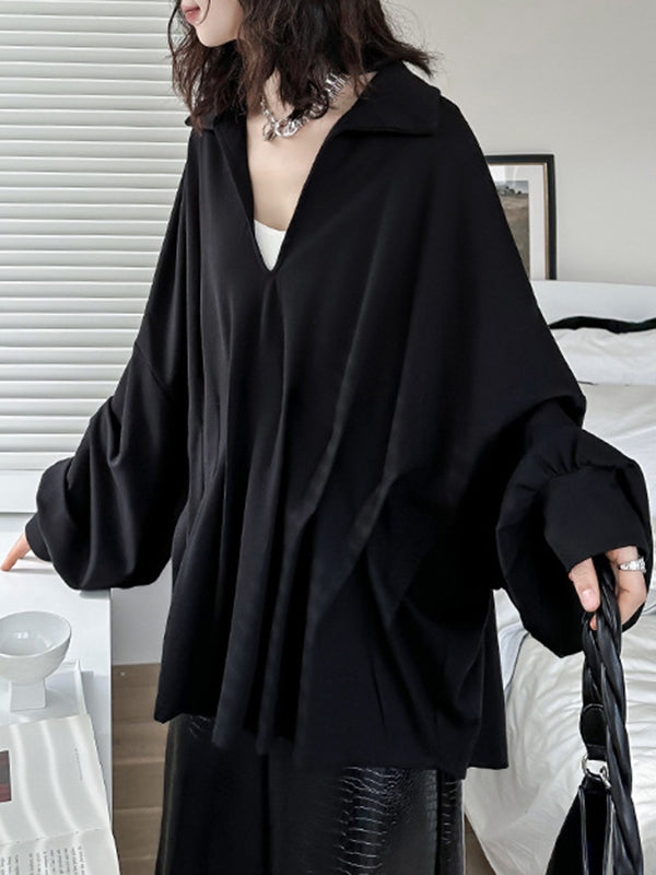 Pleated Solid Color Batwing Sleeves Long Sleeves Deep V-Neck Blouses&Shirts Tops