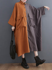 Original Creation Loose Long Sleeves Buttoned Contrast Color Lapel Collar Midi Dresses