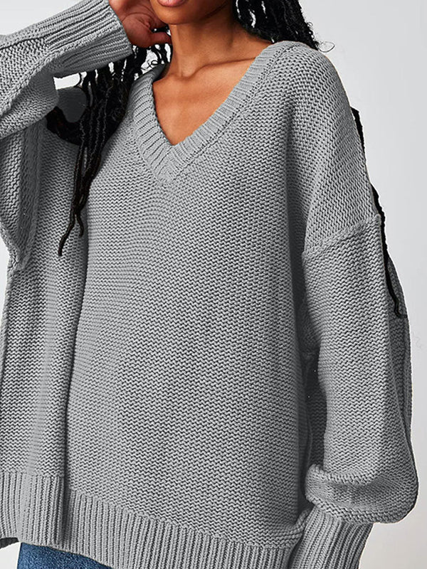 Solid Color Velvet Long Sleeves Loose V-Neck Sweater Tops Pullovers
