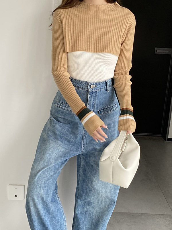 Contrast Color Long Sleeves Loose Round-Neck Two Pieces Set Cover-Ups Tops
