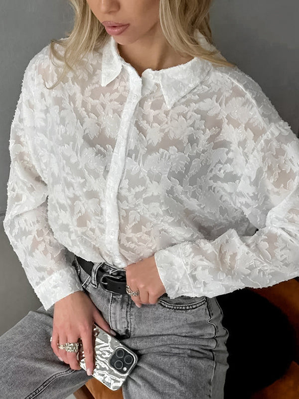 Jacquard See-Through Split-Joint Long Sleeves Loose Lapel Blouses&Shirts Tops