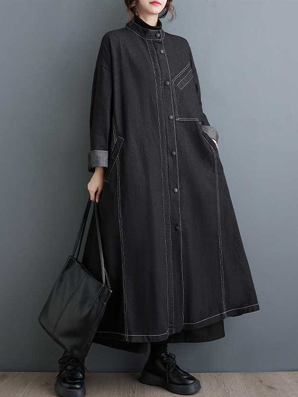 Buttoned Pockets Split-Joint Long Sleeves Loose Stand Collar Trench Coats Outerwear