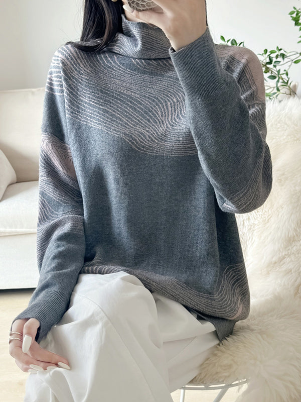Contrast Color Long Sleeves Loose High Neck Sweater Tops Pullovers