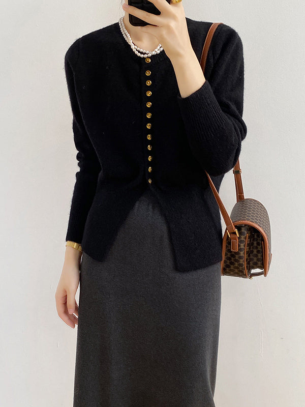 Elegant Long Sleeves Solid Color Round-Neck Cardigan Tops