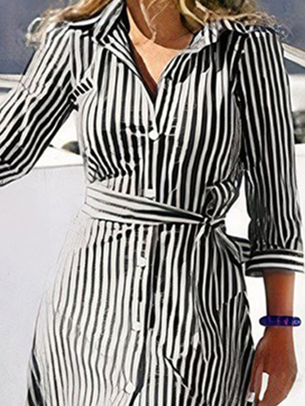 Buttoned Striped Tied Waist High Waisted Long Sleeves V-neck Shirt Dress Maxi Dresses