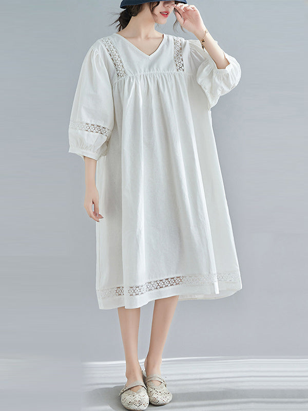 Vintage Hollow Split-Joint Loose Bishop Sleeve Midi Dress