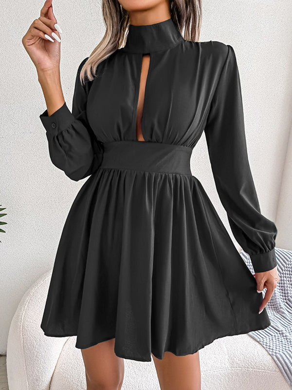 Hollow Solid Color Zipper A-Line Elasticated Waist Half Turtleneck Mini Dresses
