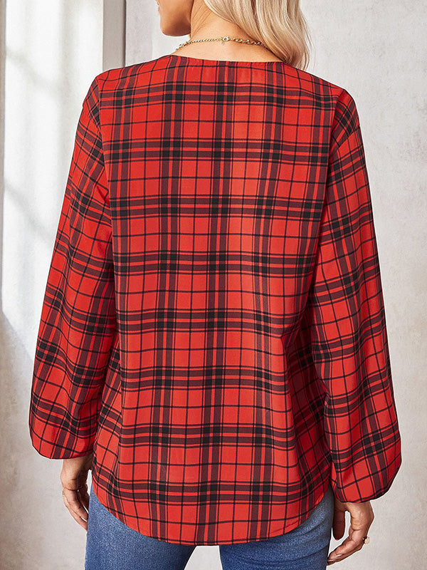 Buttoned Elasticity Plaid Pockets Long Sleeves Loose Round-Neck Blouses&Shirts Tops