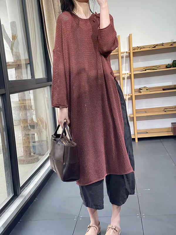 Asymmetric Hollow Split-side Long Sleeves Loose Round-neck Sweater Tops