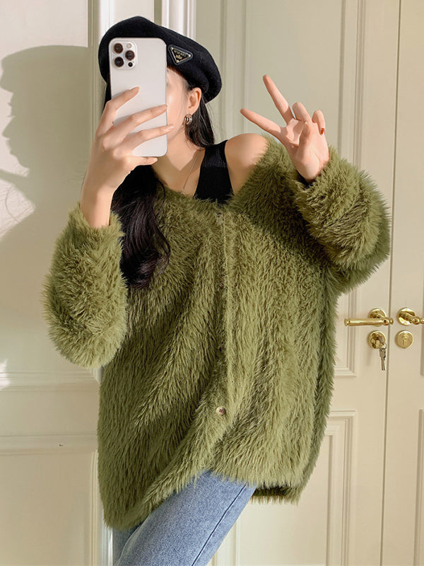 Casual Long Sleeves Loose Solid Color V-Neck Cardigan Tops