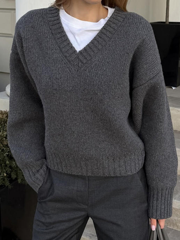 Ribs Solid Color Long Sleeves Loose V-Neck Sweater Tops