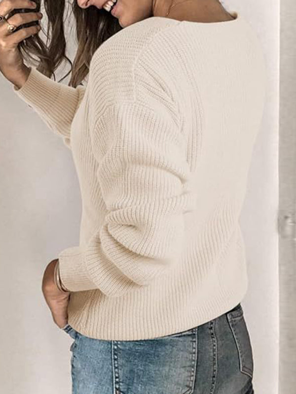 Solid Color Long Sleeves Loose V-Neck Sweater Tops Pullovers