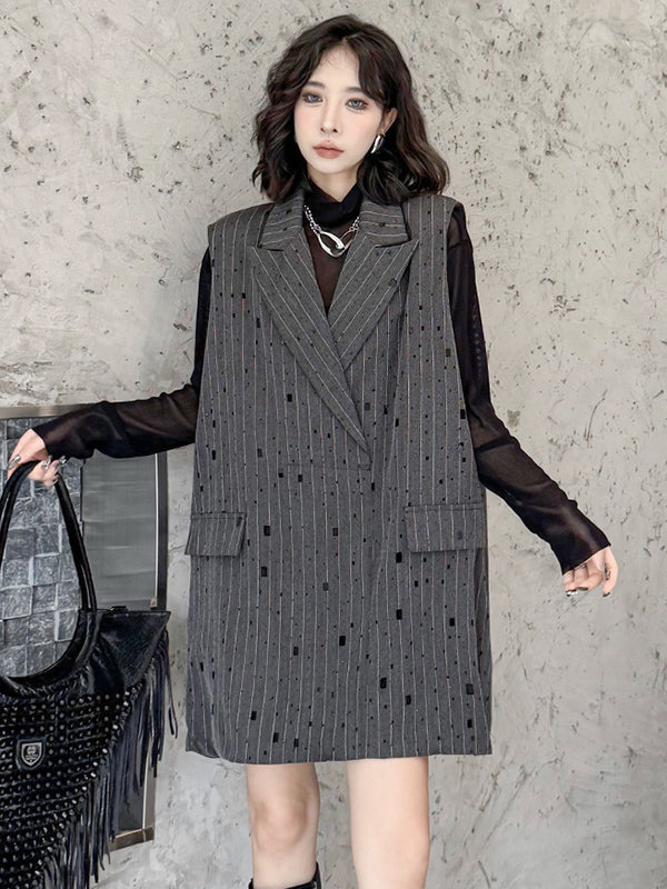 Striped Loose Sleeveless Lapel Vest Top