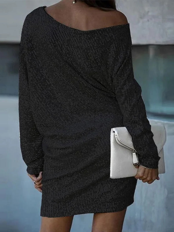 Asymmetric Sequined Solid Color A-Line Loose One-Shoulder Mini Dresses