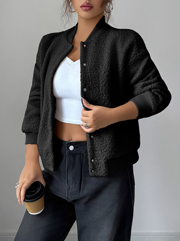 Buttoned Elasticity Pockets Solid Color Long Sleeves Collarless Jackets&Coats