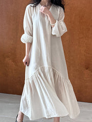 Elasticity Pleated Solid Color Split-Joint Zipper High Waisted Long Sleeves V-Neck Midi Dresses