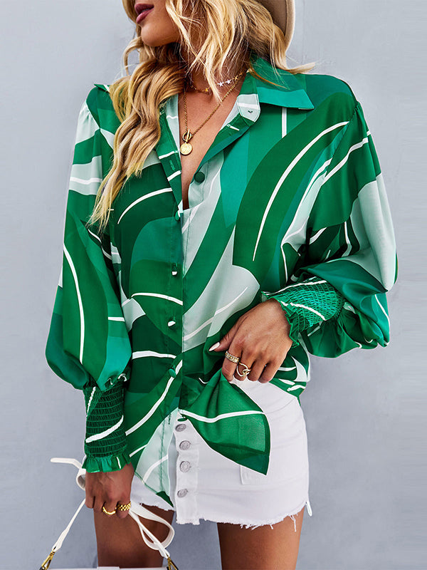 Buttoned Elasticity Printed Long Sleeves Loose Lapel Blouses&Shirts Tops