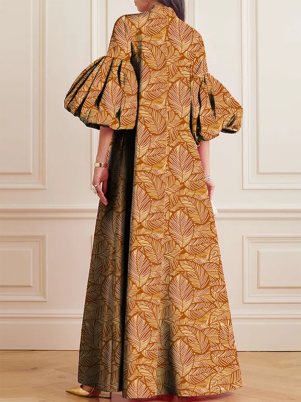 Elasticity Leaves Print Split-Joint Zipper A-line Half Sleeves Mock Neck Maxi Dresses