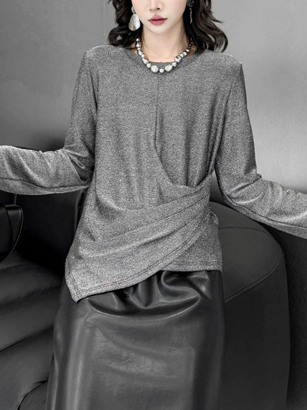 Asymmetric Solid Color Hipster Long Sleeves Round-Neck T-Shirts Tops