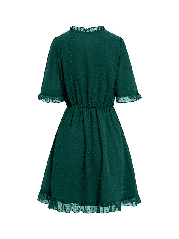 Jacquard Ruffled Solid Color A-Line Loose V-Neck Mini Dresses