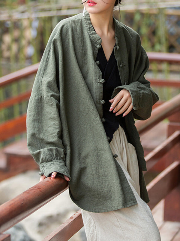Chinese Frog Buttons Pleated Solid Color Split-Joint Batwing Sleeves Loose Stand Collar Blouses