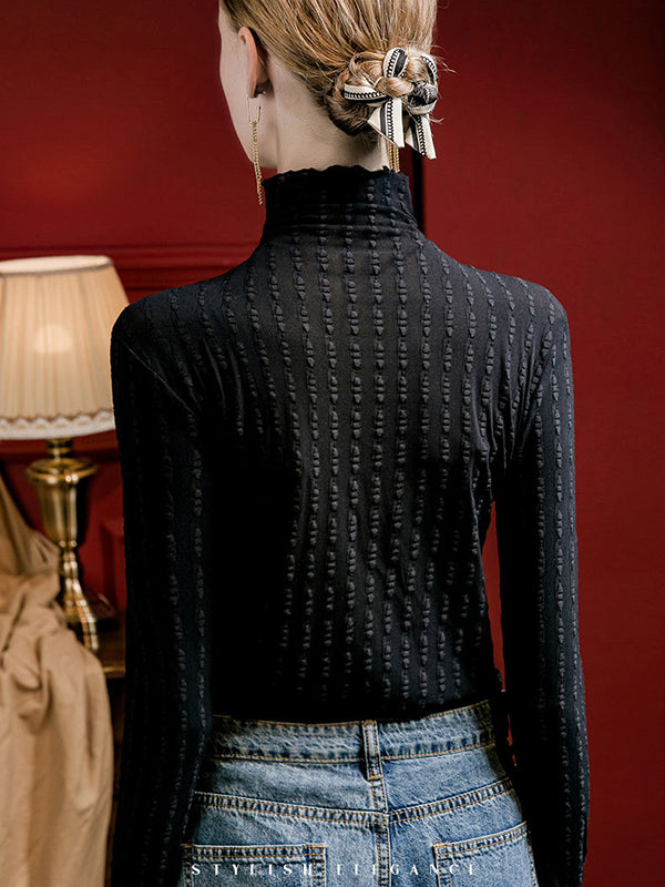 Jacquard See-Through Solid Color Split-Joint Long Sleeves Plus Size High Neck T-Shirts Tops