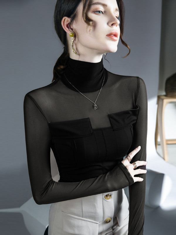 See-Through Solid Color Split-Joint Long Sleeves Skinny High Neck Blouses&Shirts Tops