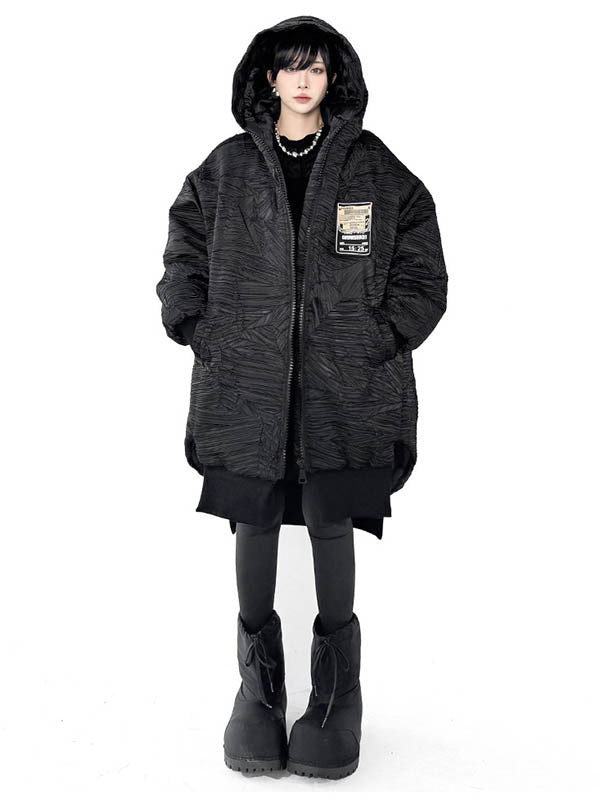 Abstract Printed Contrast Color Split-Joint Zipper High-Low Irregularity Hooded Overcoat Outerwear