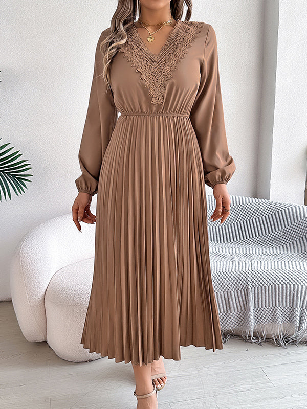 Pleated Solid Color Elasticated Waist High Waisted V-neck Midi Dresses