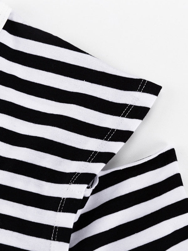Contrast Color Hollow Striped Long Sleeves Loose Cold Shoulder T-Shirts