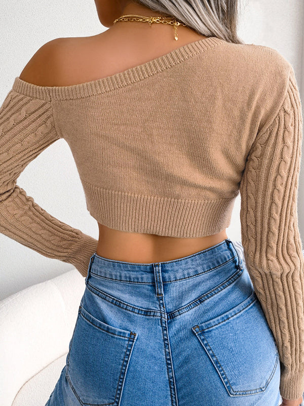Solid Color Long Sleeves Skinny One-Shoulder Sweater Tops Pullovers