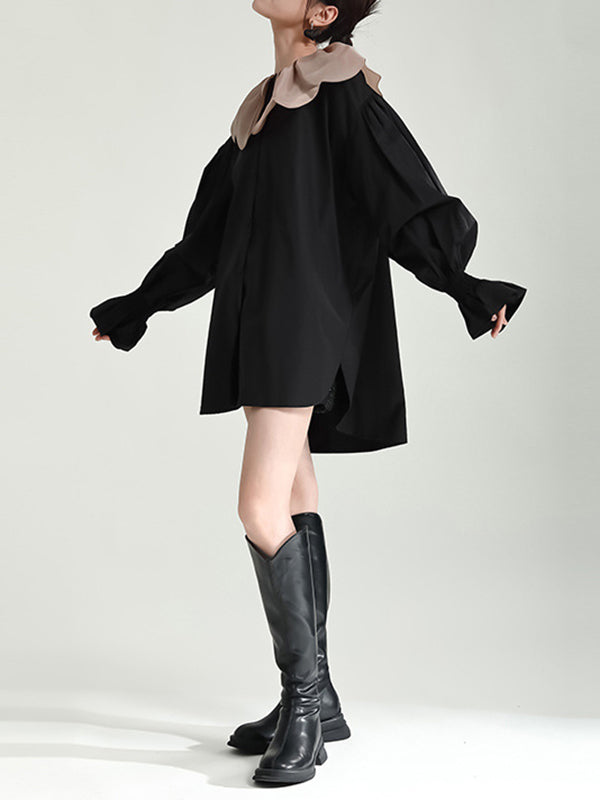 Contrast Color Elasticity Pleated Split-Joint Long Sleeves Loose Peter Pan Collar Blouses