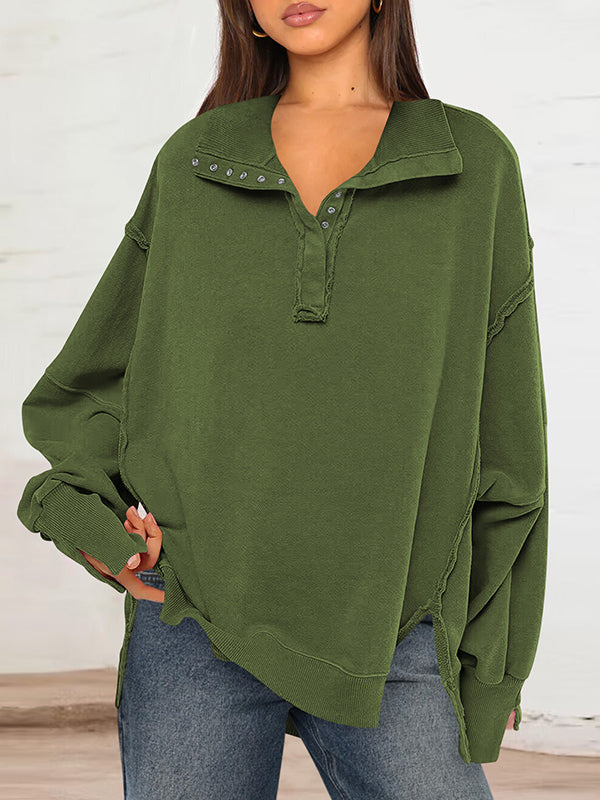 Buttoned Solid Color Split-Front Long Sleeves Loose Lapel Sweatshirt Tops