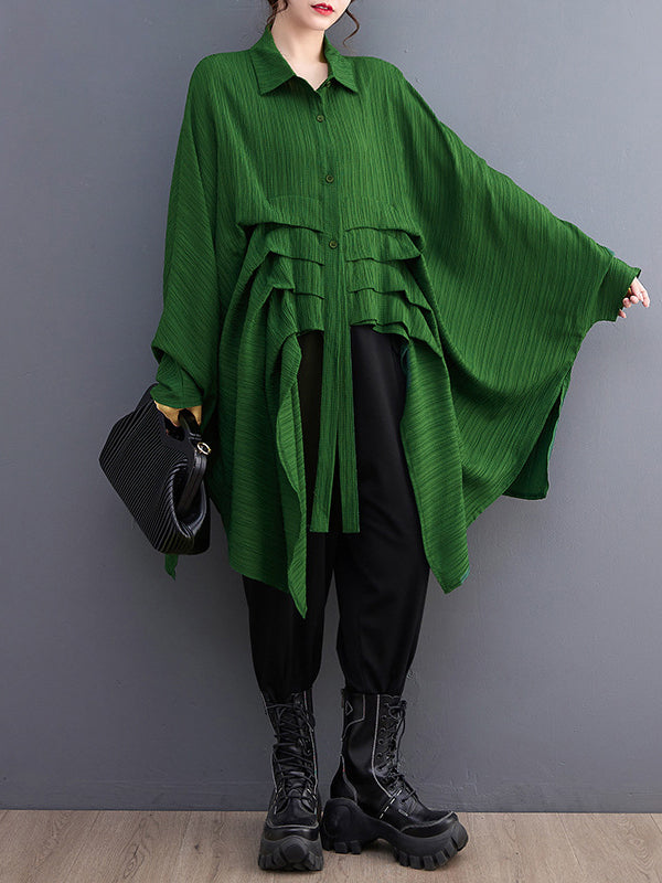 Pleated Solid Color Cropped Long Sleeves Lapel Blouses&shirts Tops