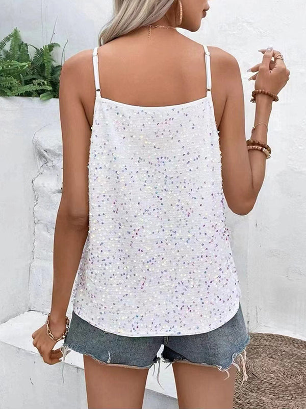 Sequined Loose Sleeveless Deep V-Neck Vest Top